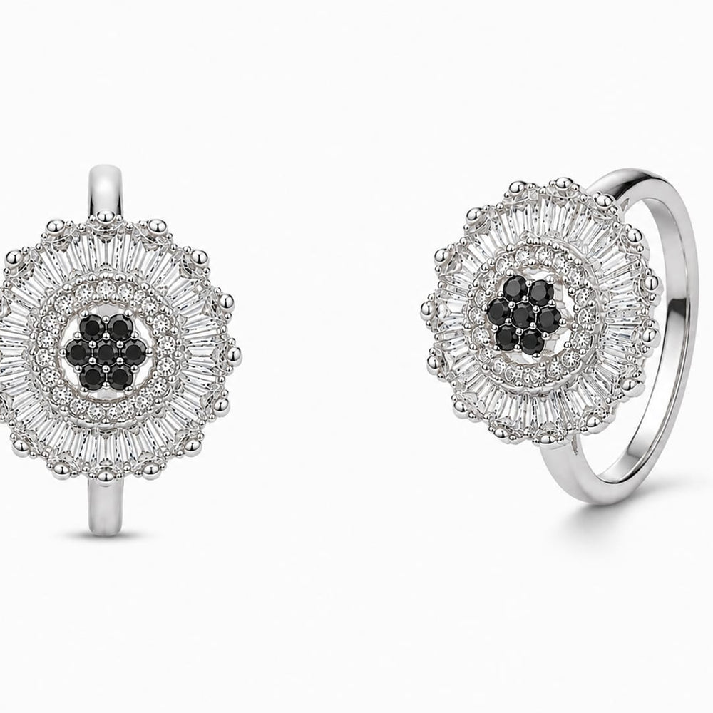 Silver Black & Clear Baguette Starburst Statement Ring