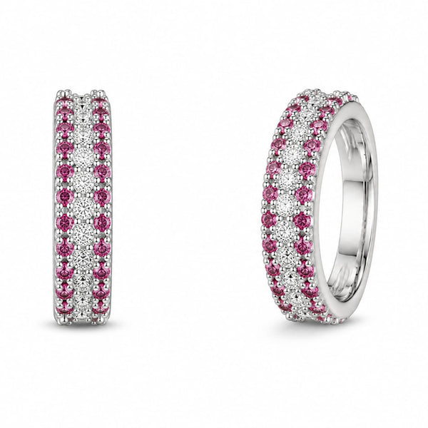 Silver Triple-Row Pink & Clear Crystal Hoop Earrings