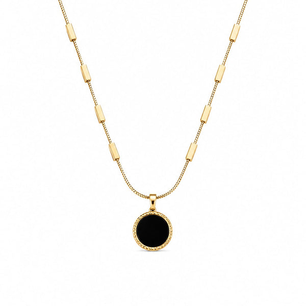 Gold & Black Enamel Round Pendant Bar Station Necklace
