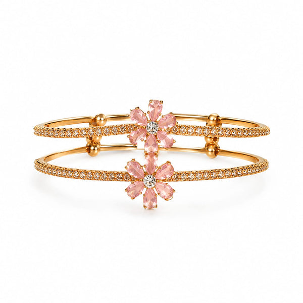 Gold Double Band Floral Pink Crystal Bangle