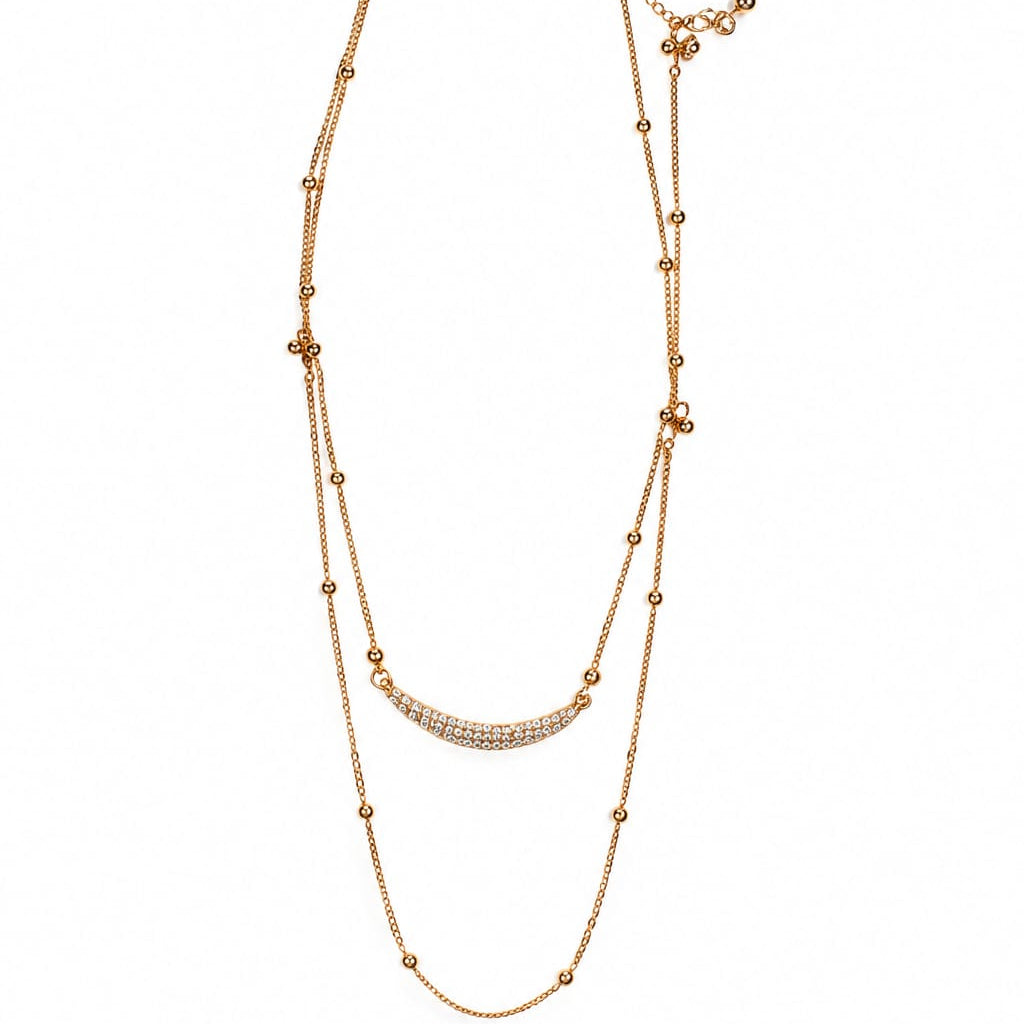 Gold Double-Layered Crescent Bar & Bead Station Necklace
