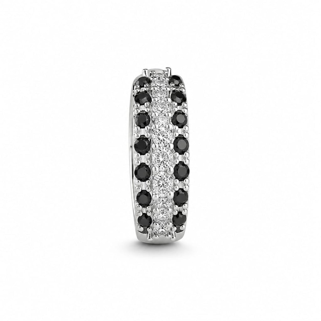 Silver Triple-Row Black & Clear Crystal Ring