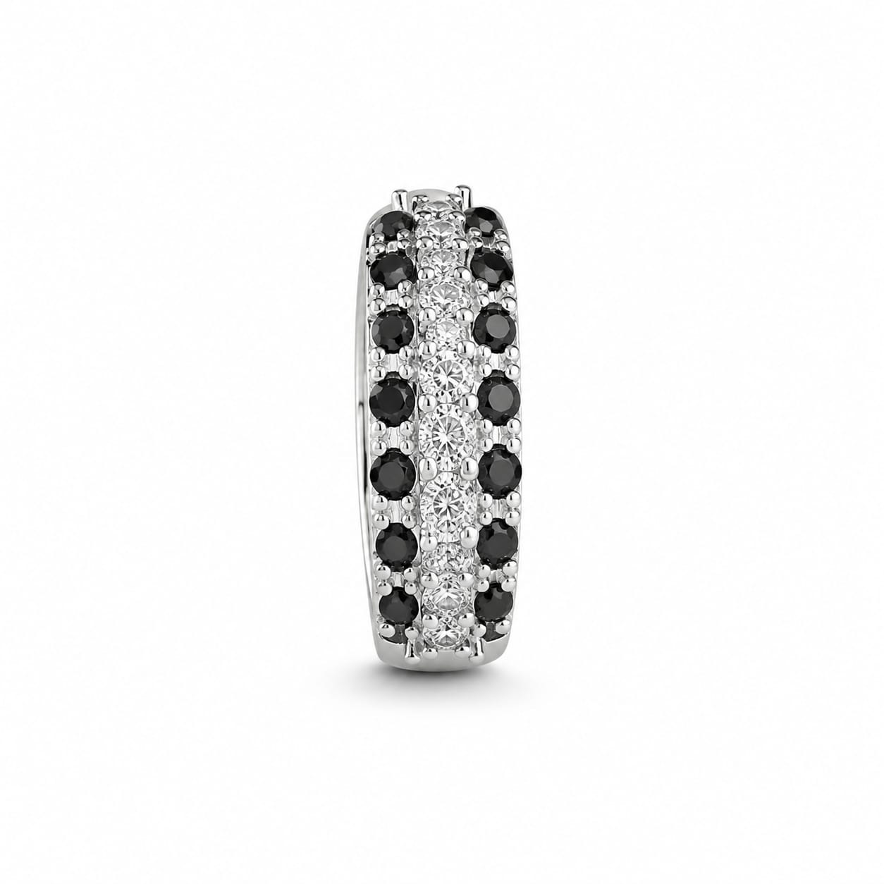 Silver Triple-Row Black & Clear Crystal Ring