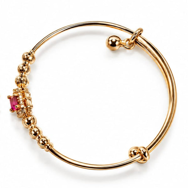 Gold Adjustable Bangle with Pink & Crystal Gemstone Cluster