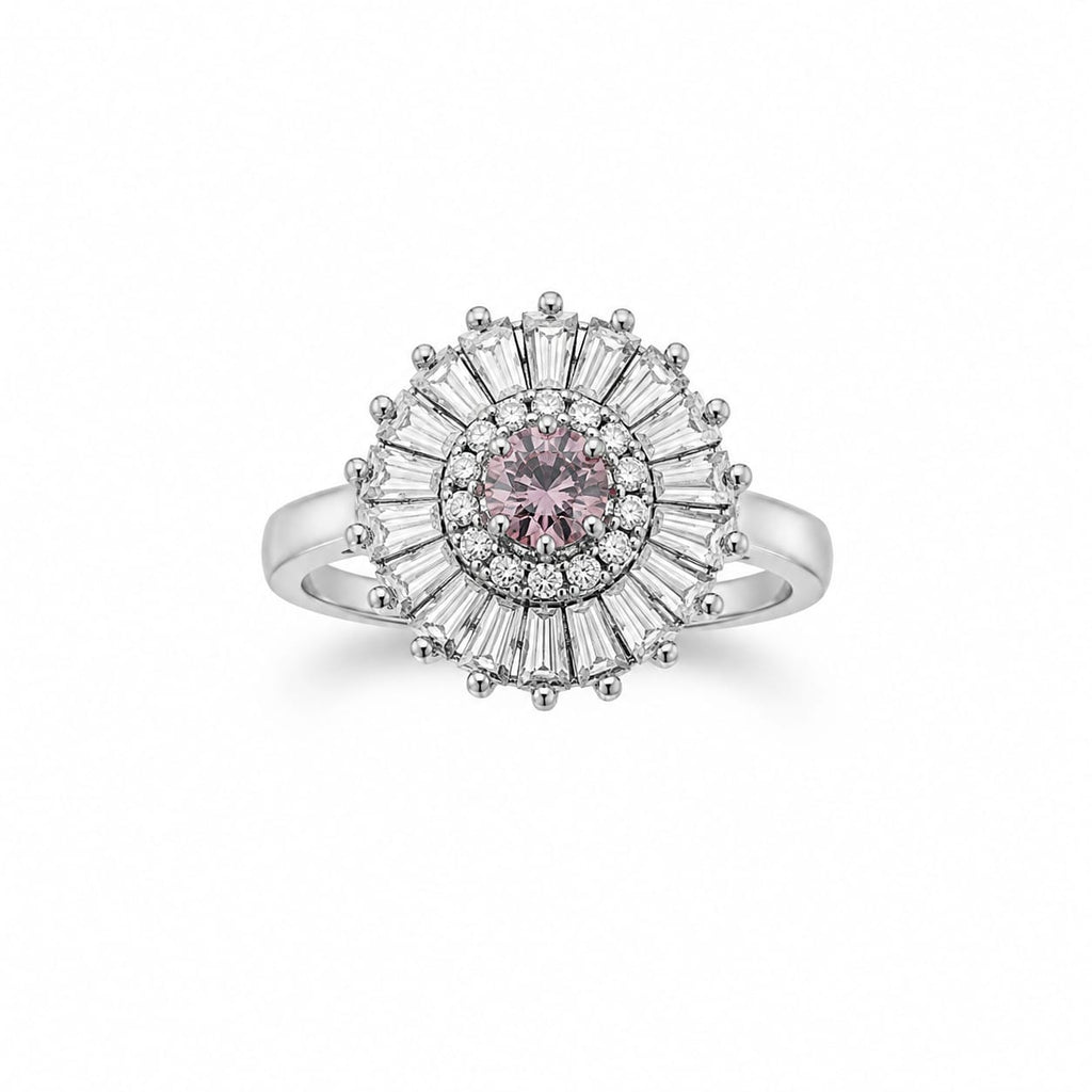 Silver Light Pink & Clear Baguette Starburst Ring