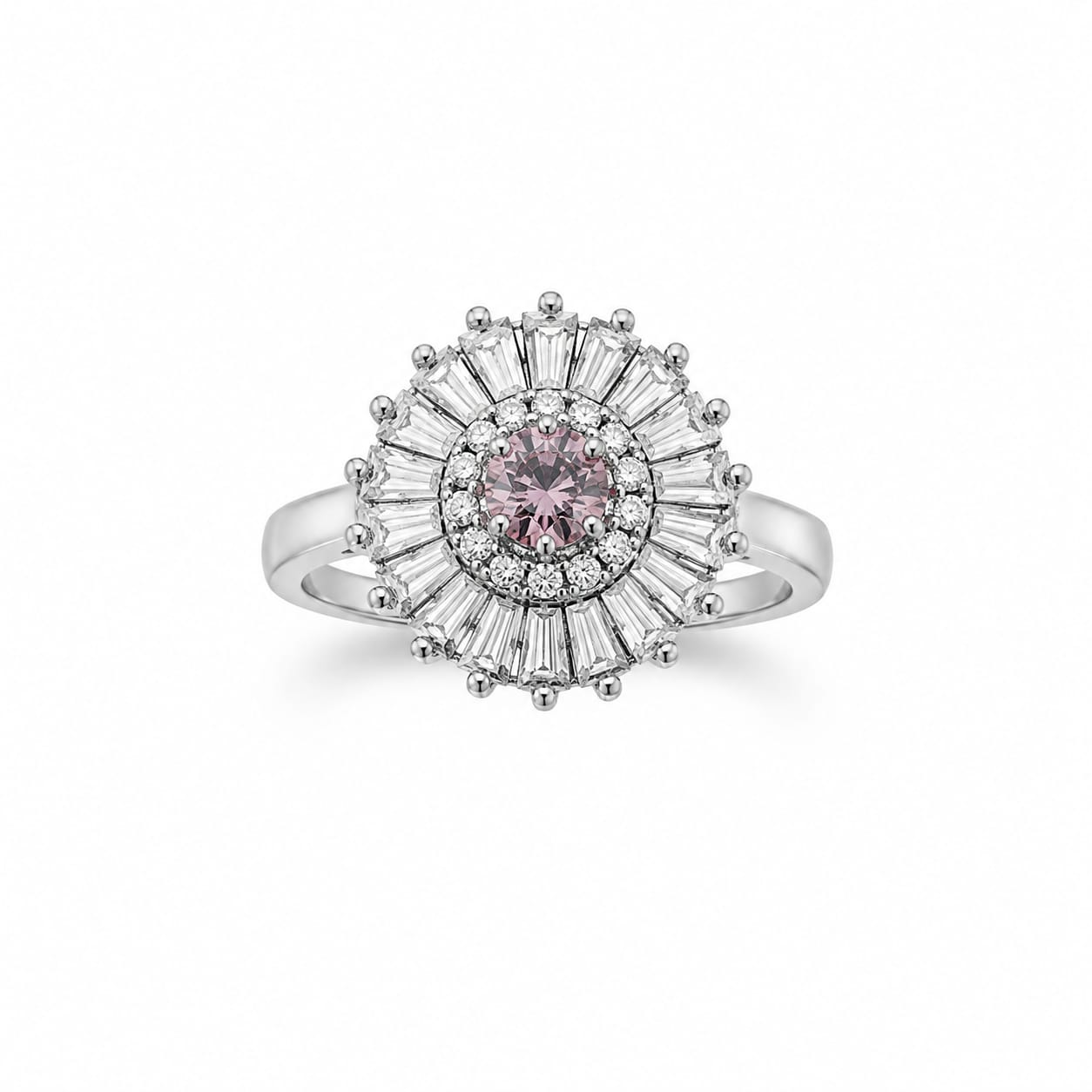 Silver Light Pink & Clear Baguette Starburst Ring