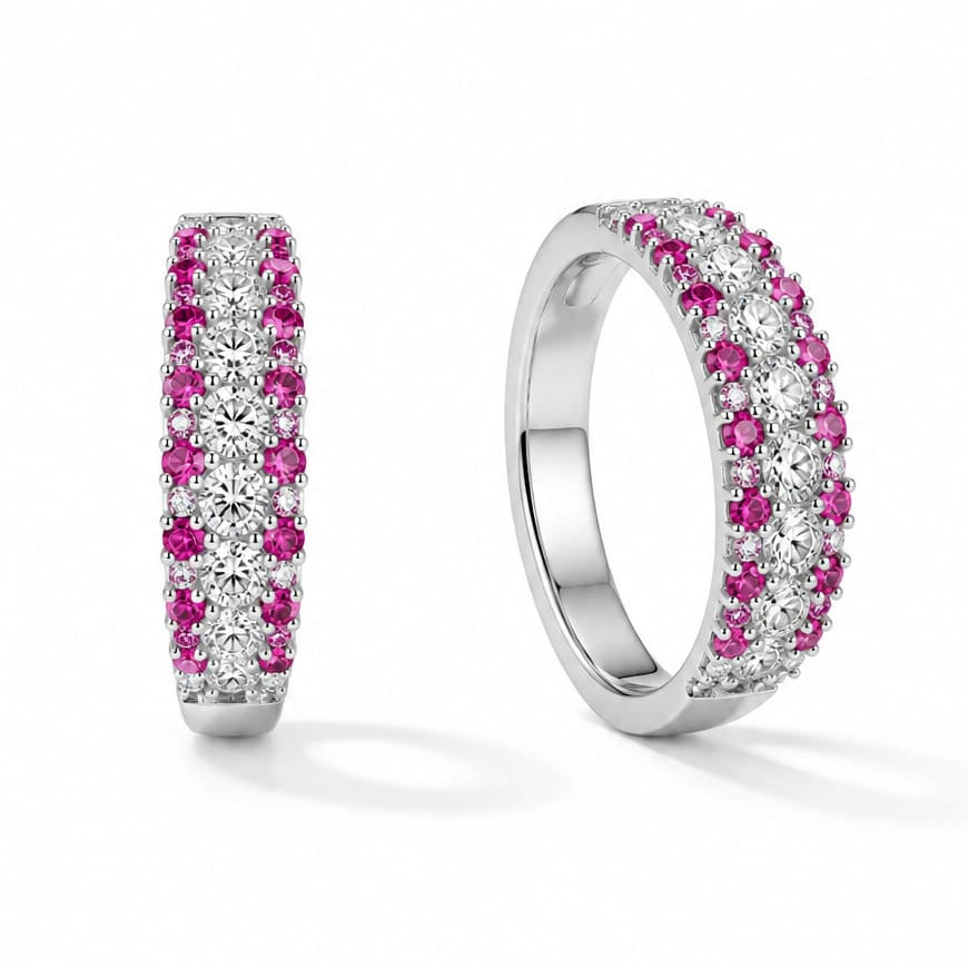Triple Row Pink & Clear Crystal Silver Statement Ring