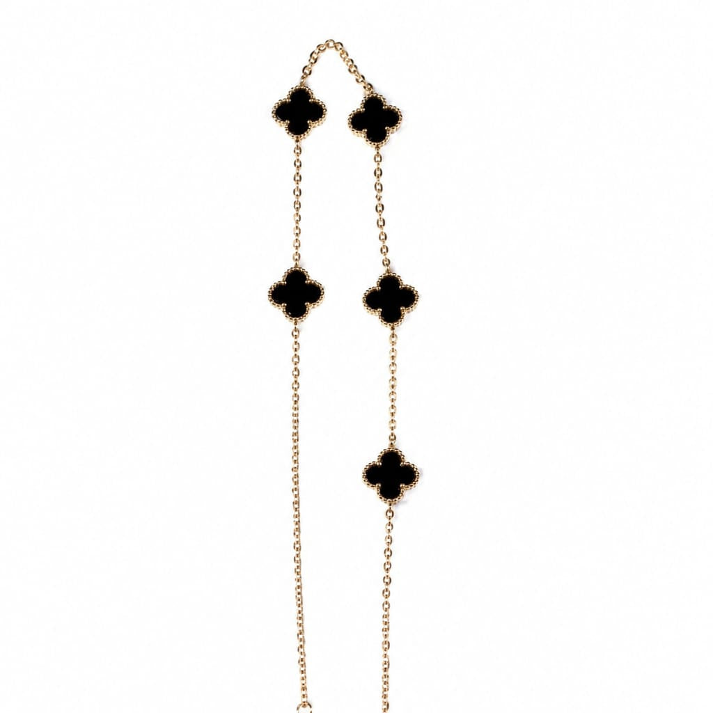 Gold & Black Enamel Four-Leaf Clover Station Necklace