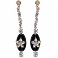 Gold Black Oval & Clear Crystal Floral Drop Earrings