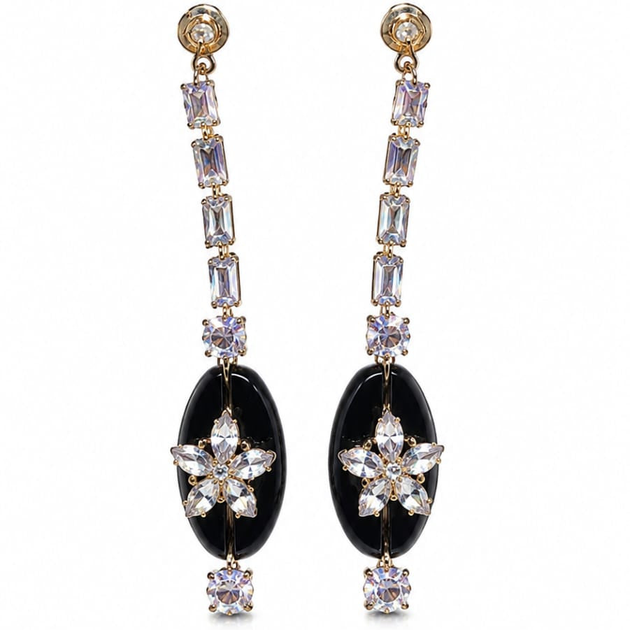 Gold Black Oval & Clear Crystal Floral Drop Earrings