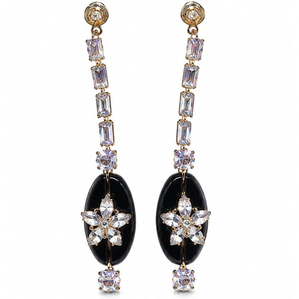 Gold Black Oval & Clear Crystal Floral Drop Earrings
