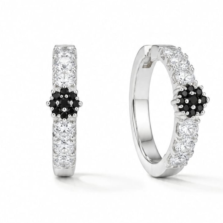 Midnight Black & Clear Crystal Silver Huggie Ring