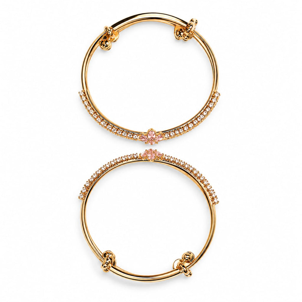 Gold Adjustable Bangle with Pink Crystal Floral Cluster