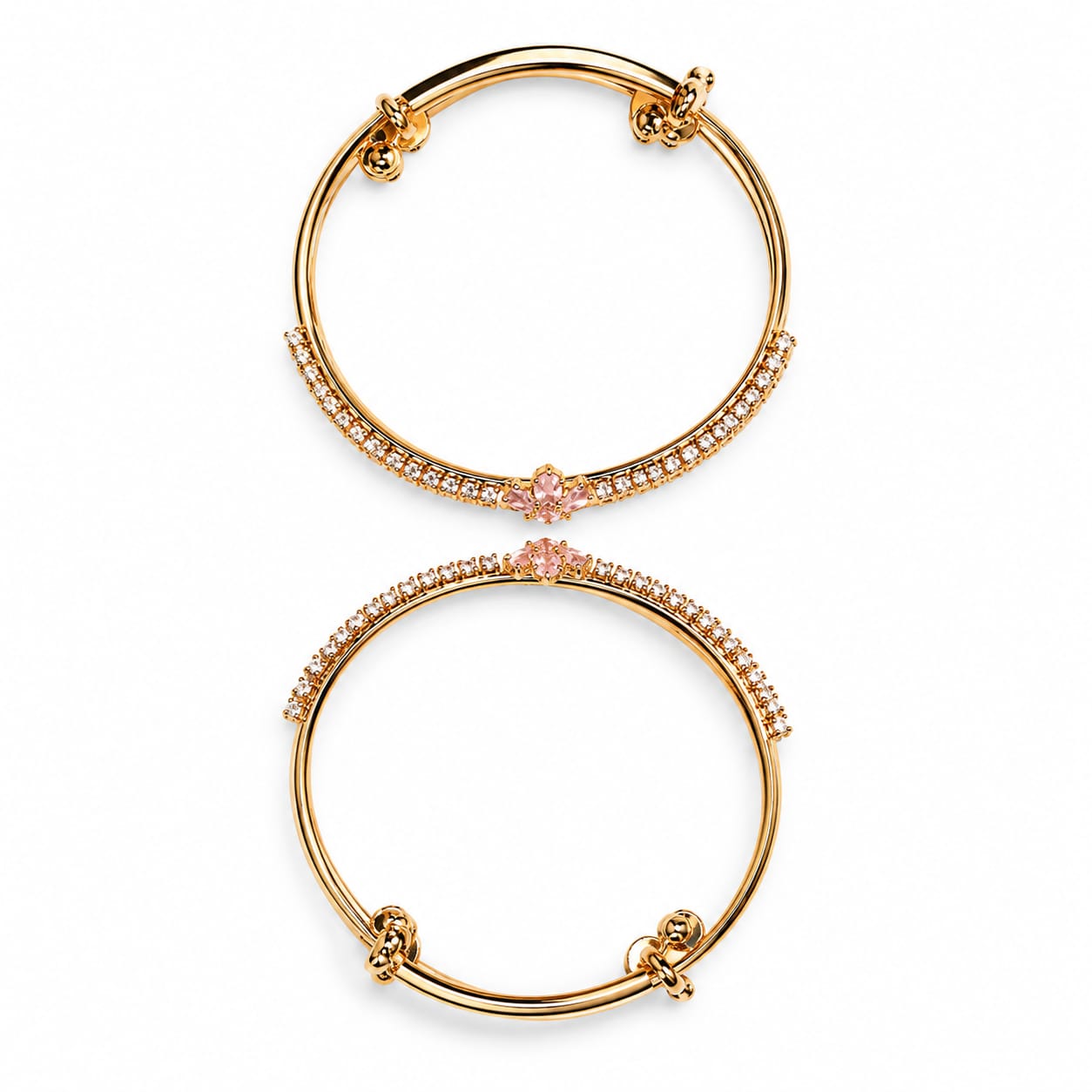 Gold Adjustable Bangle with Pink Crystal Floral Cluster