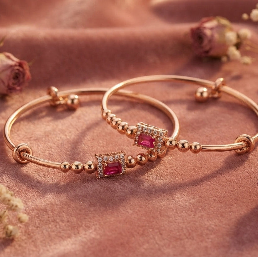 Gold Adjustable Bangle with Pink & Crystal Gemstone Cluster