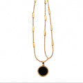Gold & Black Enamel Round Pendant Bar Station Necklace