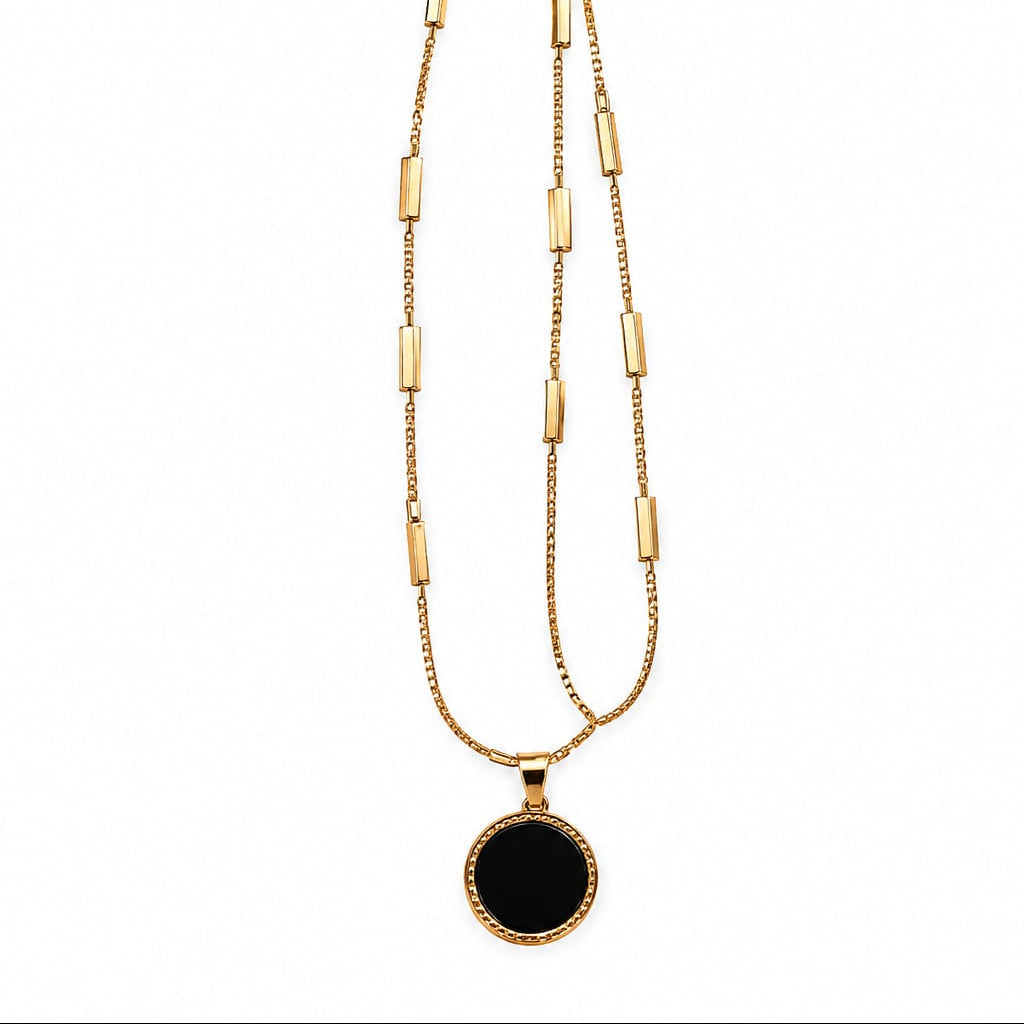 Gold & Black Enamel Round Pendant Bar Station Necklace