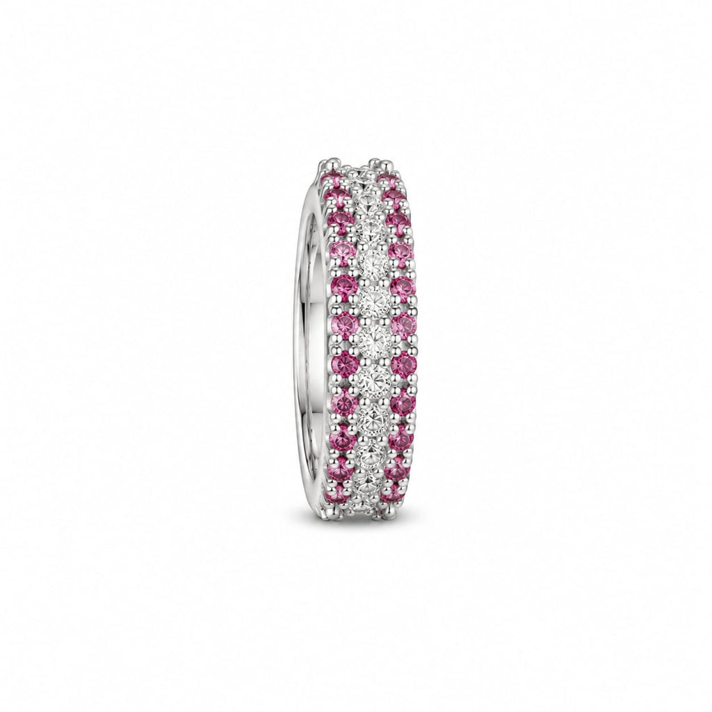 Silver Triple-Row Pink & Clear Crystal Hoop Earrings