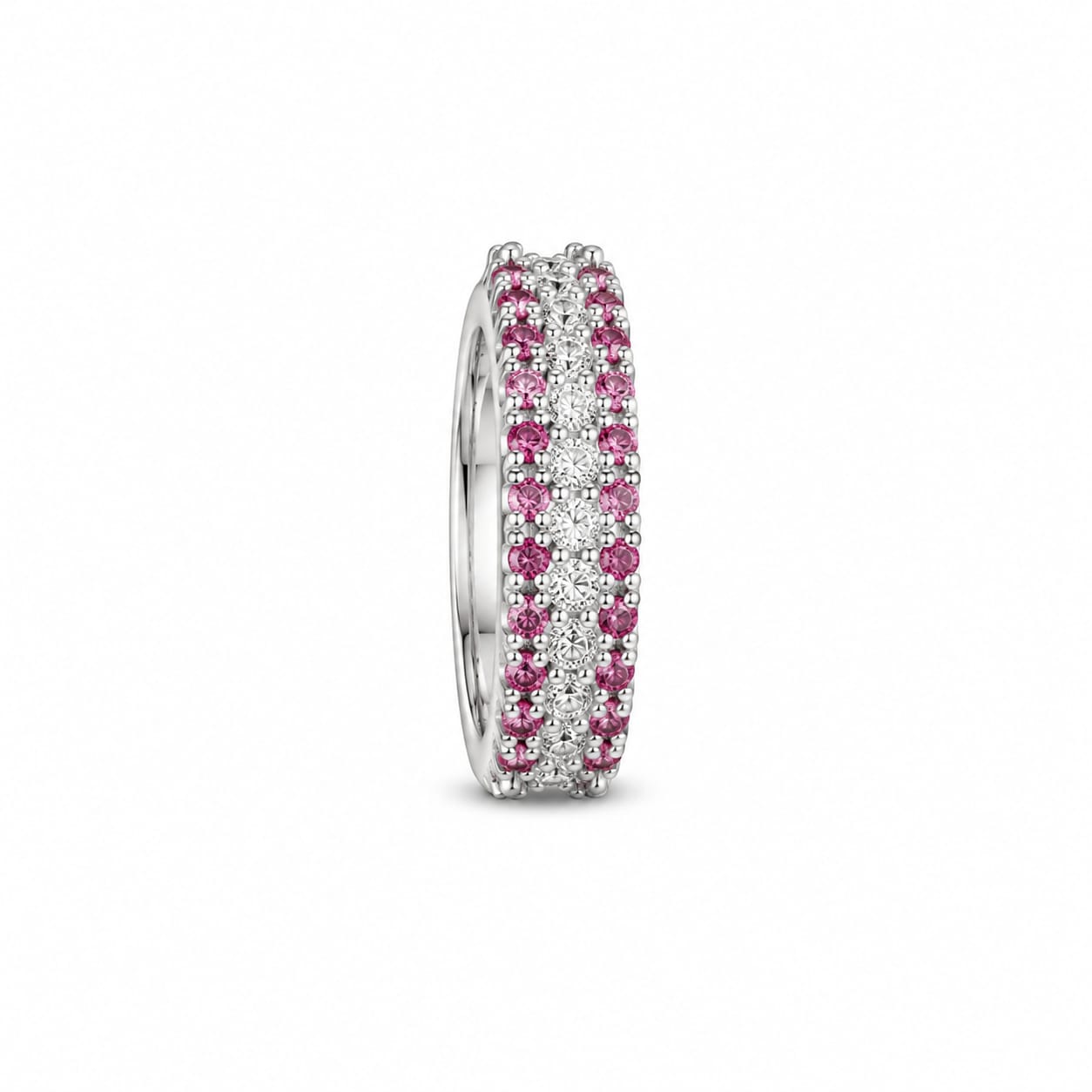 Silver Triple-Row Pink & Clear Crystal Hoop Earrings