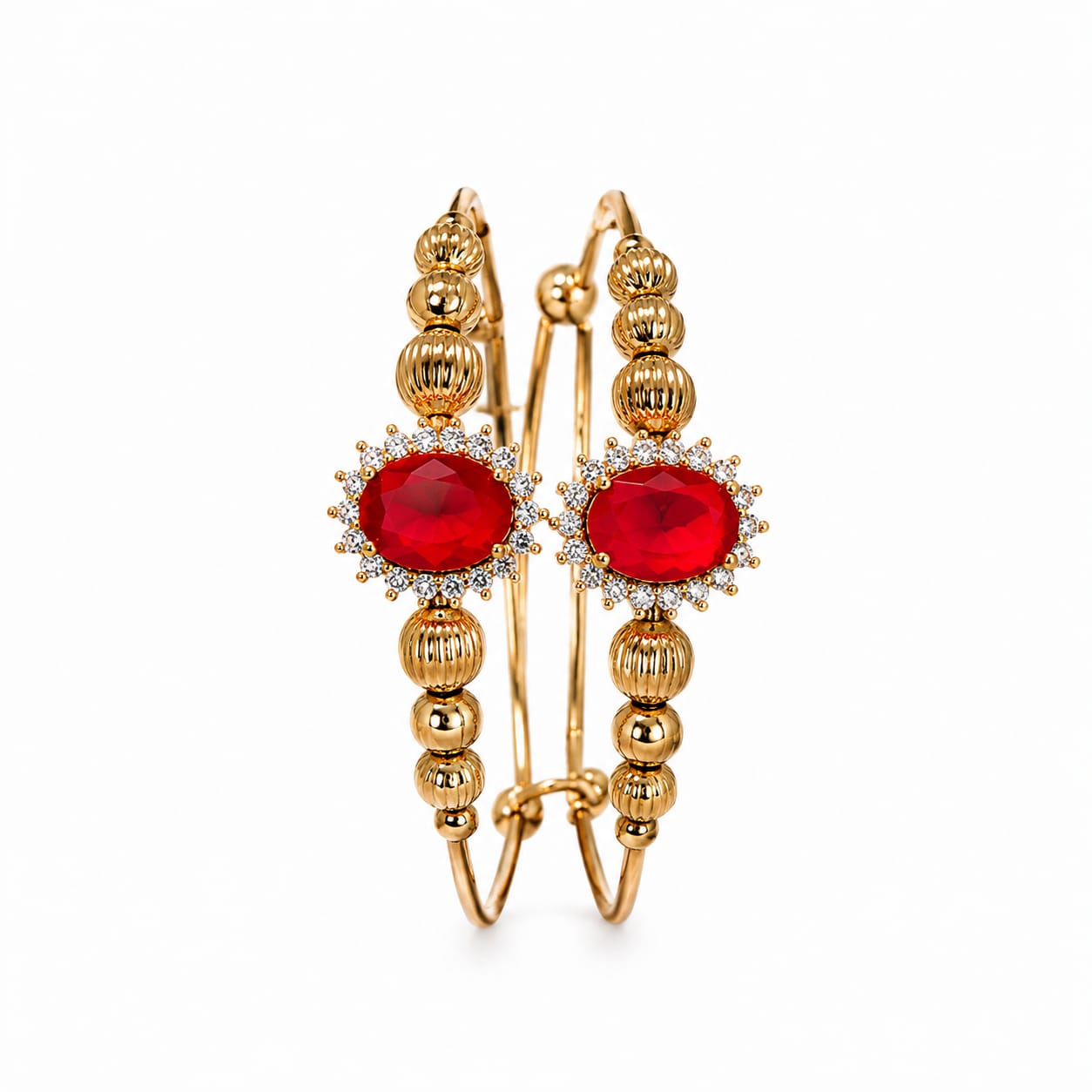 Gold & Red Oval Gemstone Halo Hoop Earrings