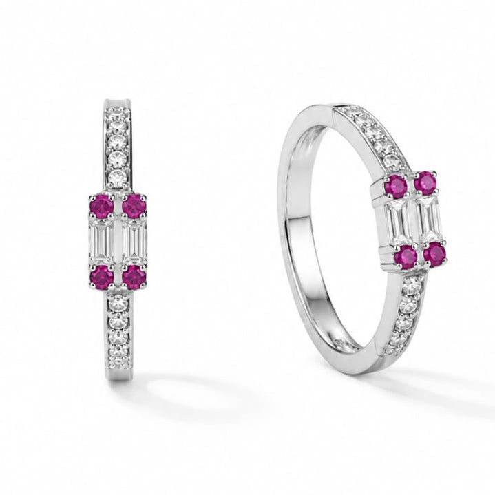 Pink & Baguette Crystal Geometric Silver Ring