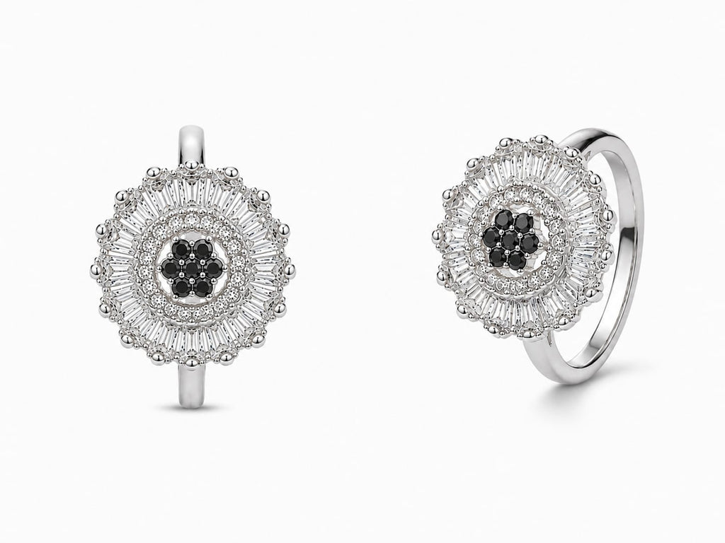 Silver Black Cluster & Baguette Starburst Statement Ring