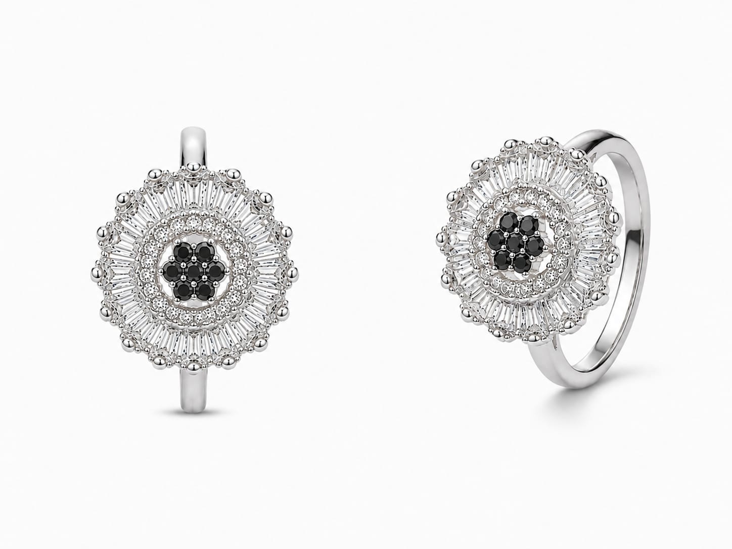 Silver Black Cluster & Baguette Starburst Statement Ring