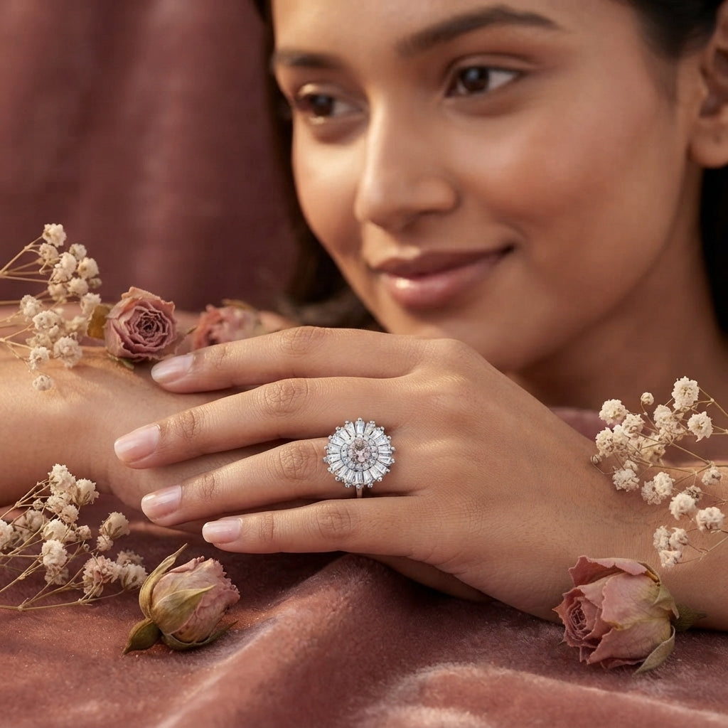 Silver Light Pink & Clear Baguette Starburst Ring