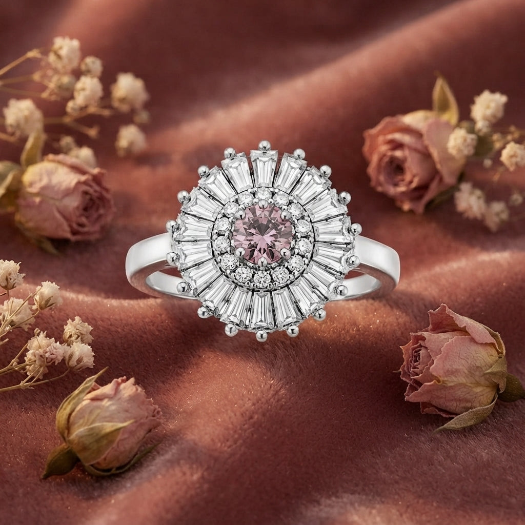 Silver Light Pink & Clear Baguette Starburst Ring