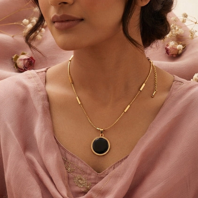 Gold & Black Enamel Round Pendant Bar Station Necklace