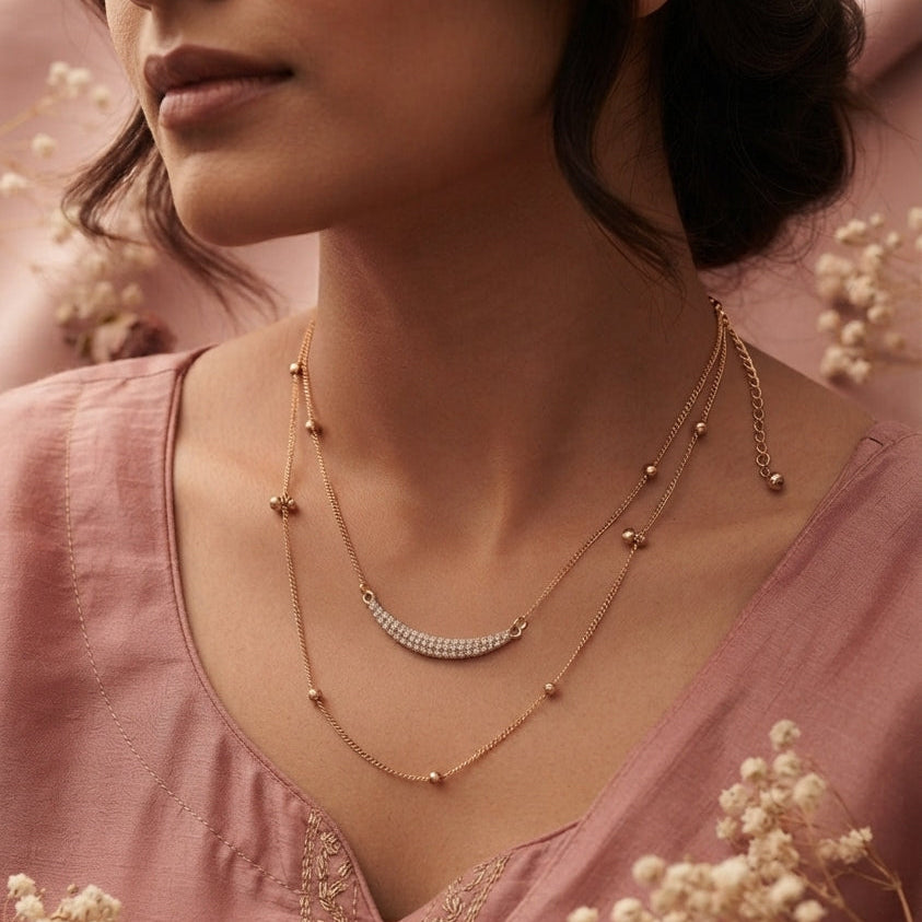 Gold Double-Layered Crescent Bar & Bead Station Necklace