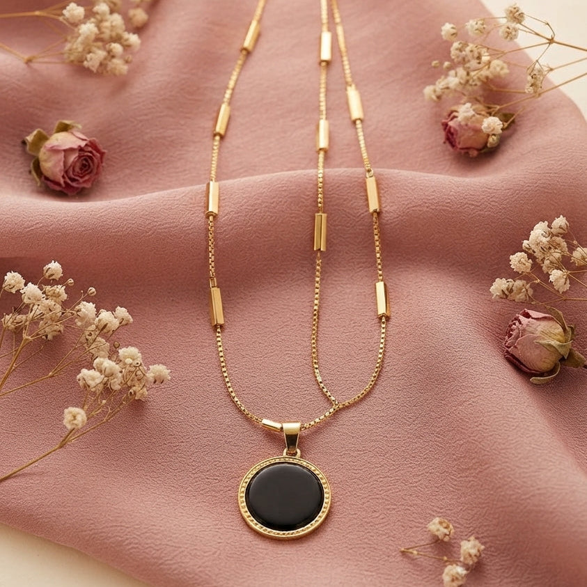 Gold & Black Enamel Round Pendant Bar Station Necklace