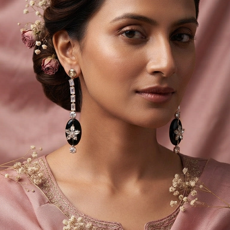 Gold Black Oval & Clear Crystal Floral Drop Earrings