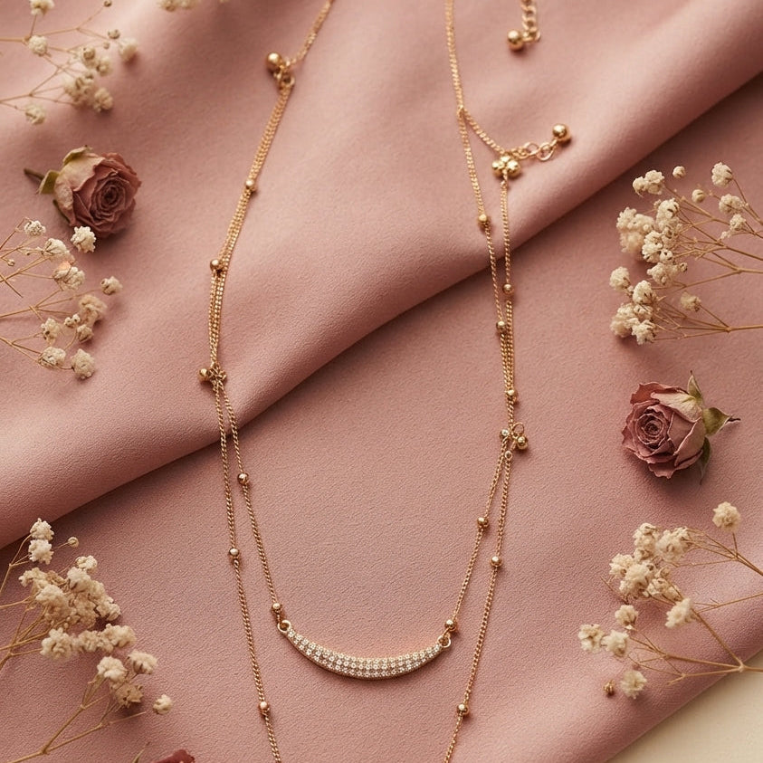 Gold Double-Layered Crescent Bar & Bead Station Necklace