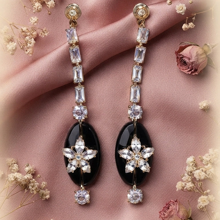 Gold Black Oval & Clear Crystal Floral Drop Earrings