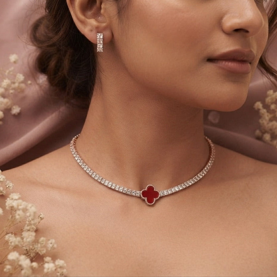 Rose Gold & Red Clover Crystal Necklace and Earring Set