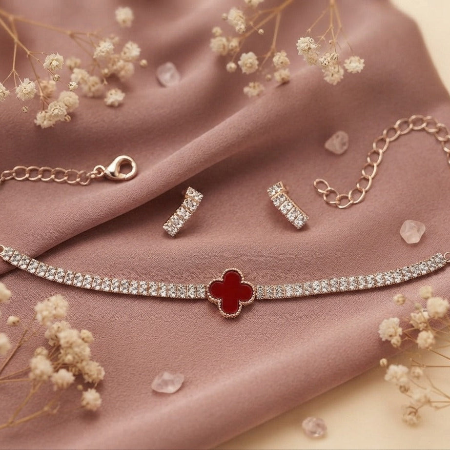 Rose Gold & Red Clover Crystal Necklace and Earring Set