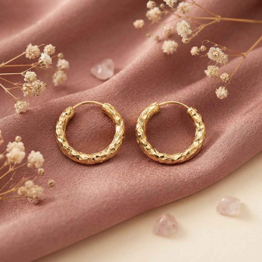 Gold Diamond-Cut Textured Hoop Earrings
