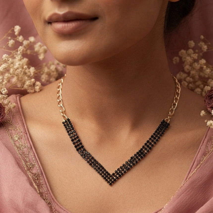 Gold & Black Pavé Chevron Necklace and Earring Set