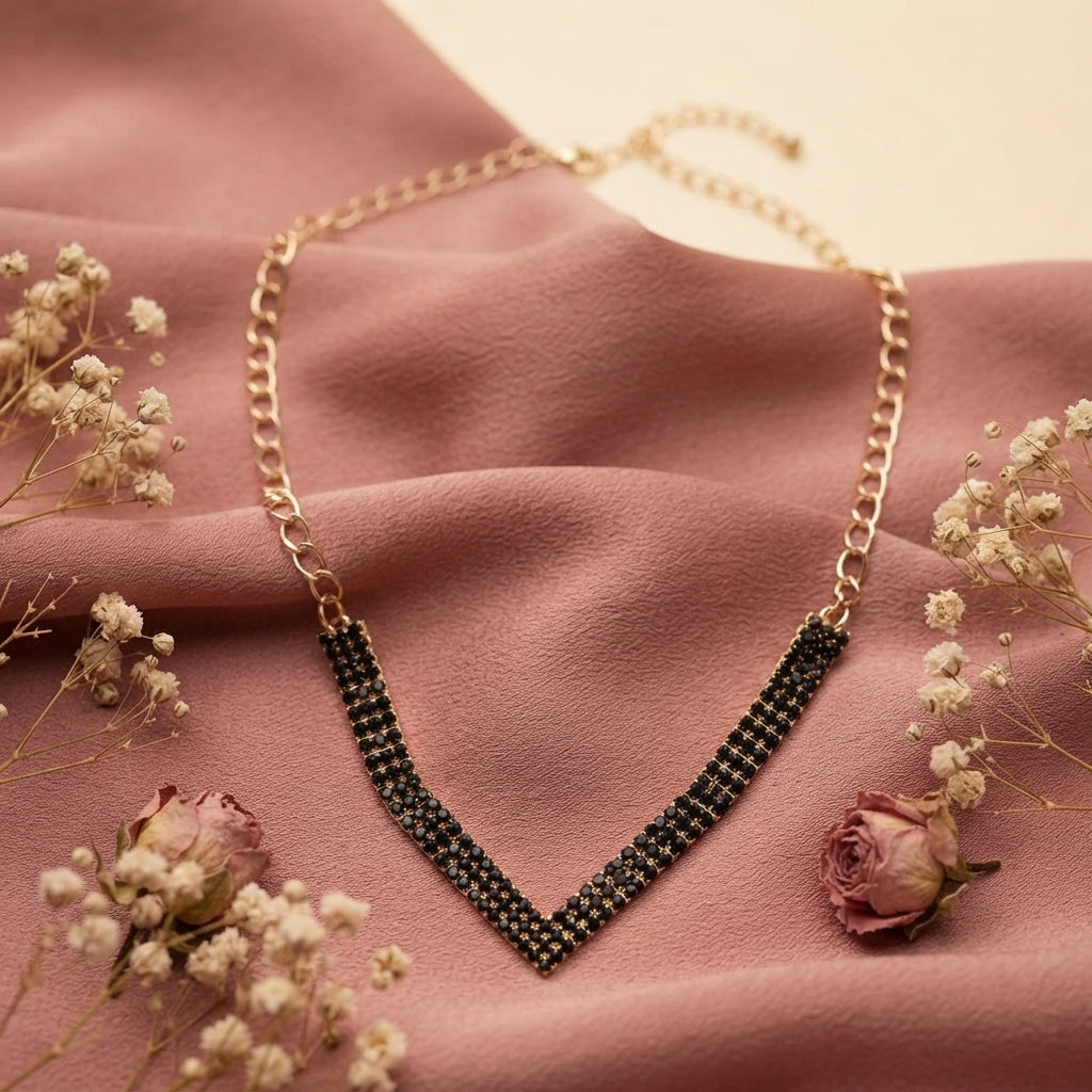 Gold & Black Pavé Chevron Necklace and Earring Set
