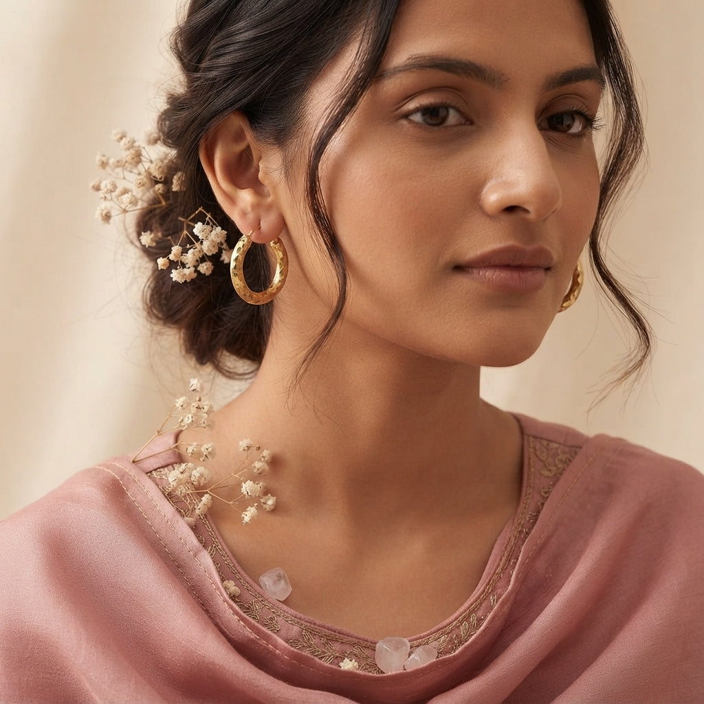 Gold Diamond-Cut Textured Hoop Earrings