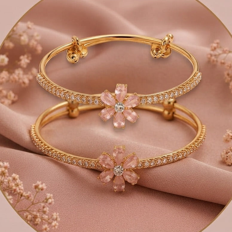 Gold Adjustable Bangle with Pink Crystal Floral Cluster