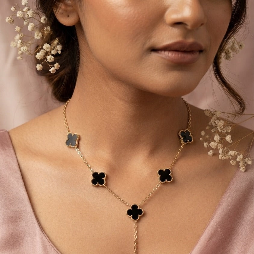Gold & Black Enamel Four-Leaf Clover Station Necklace