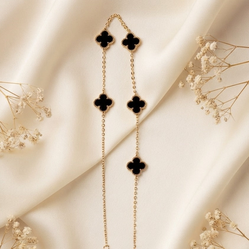 Gold & Black Enamel Four-Leaf Clover Station Necklace