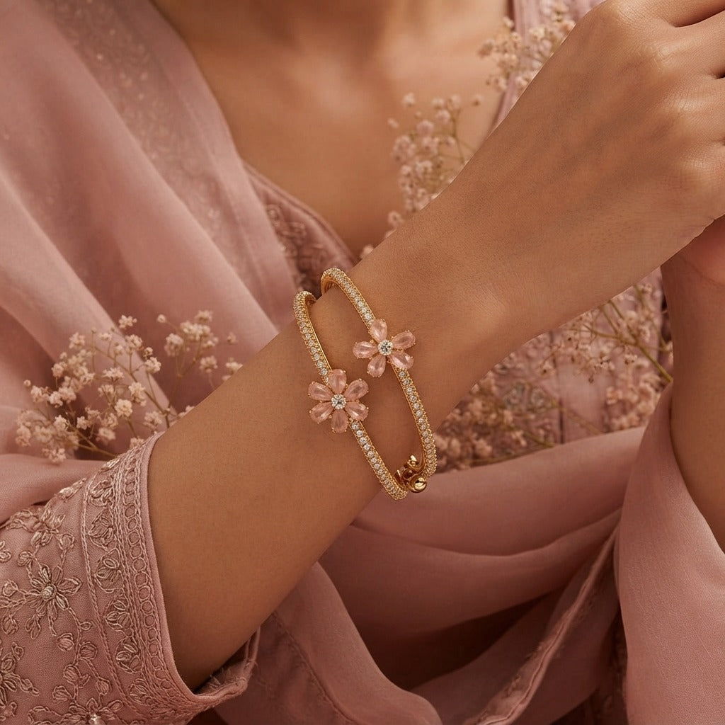 Gold Adjustable Bangle with Pink Crystal Floral Cluster