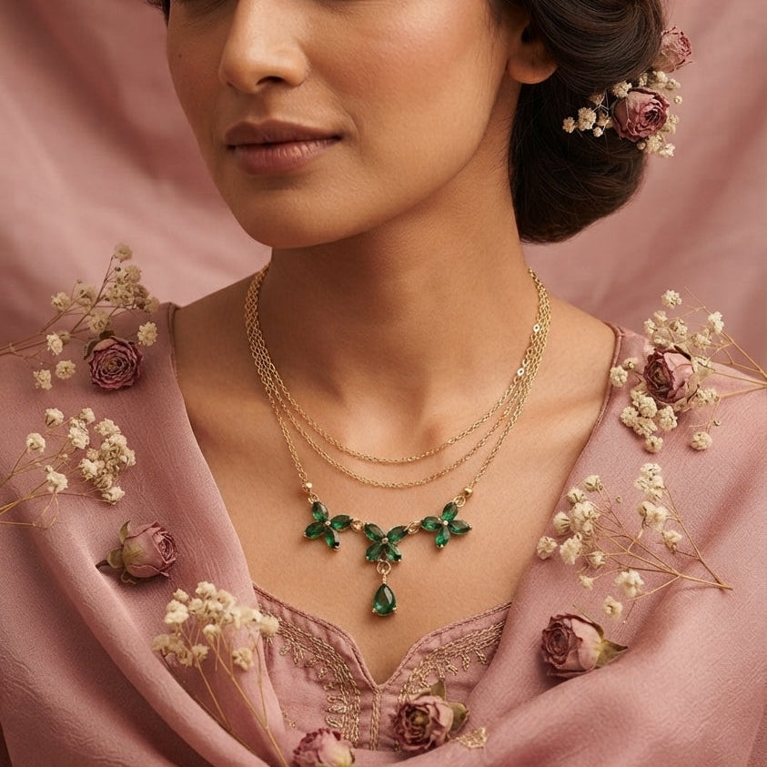 Gold & Emerald-Green Crystal Leaf Vine Necklace