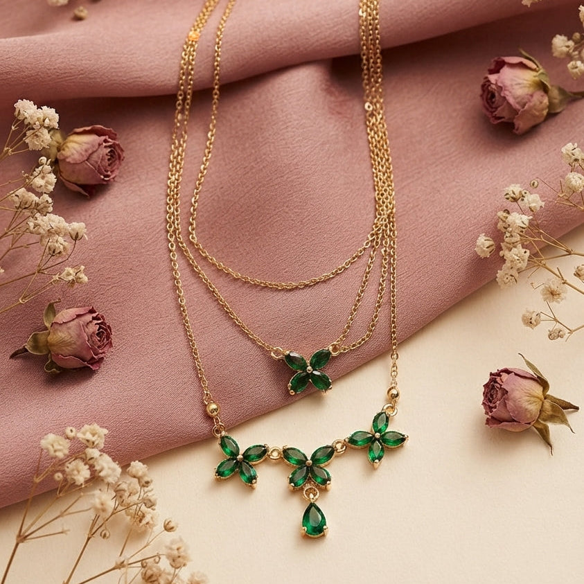 Gold & Emerald-Green Crystal Leaf Vine Necklace