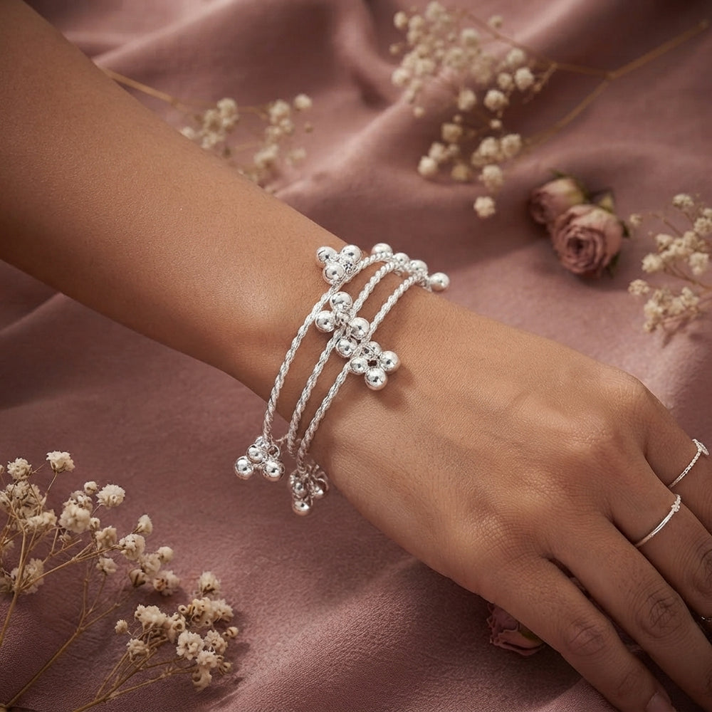 Silver Twisted Rope & Bead Cluster Bangle Set