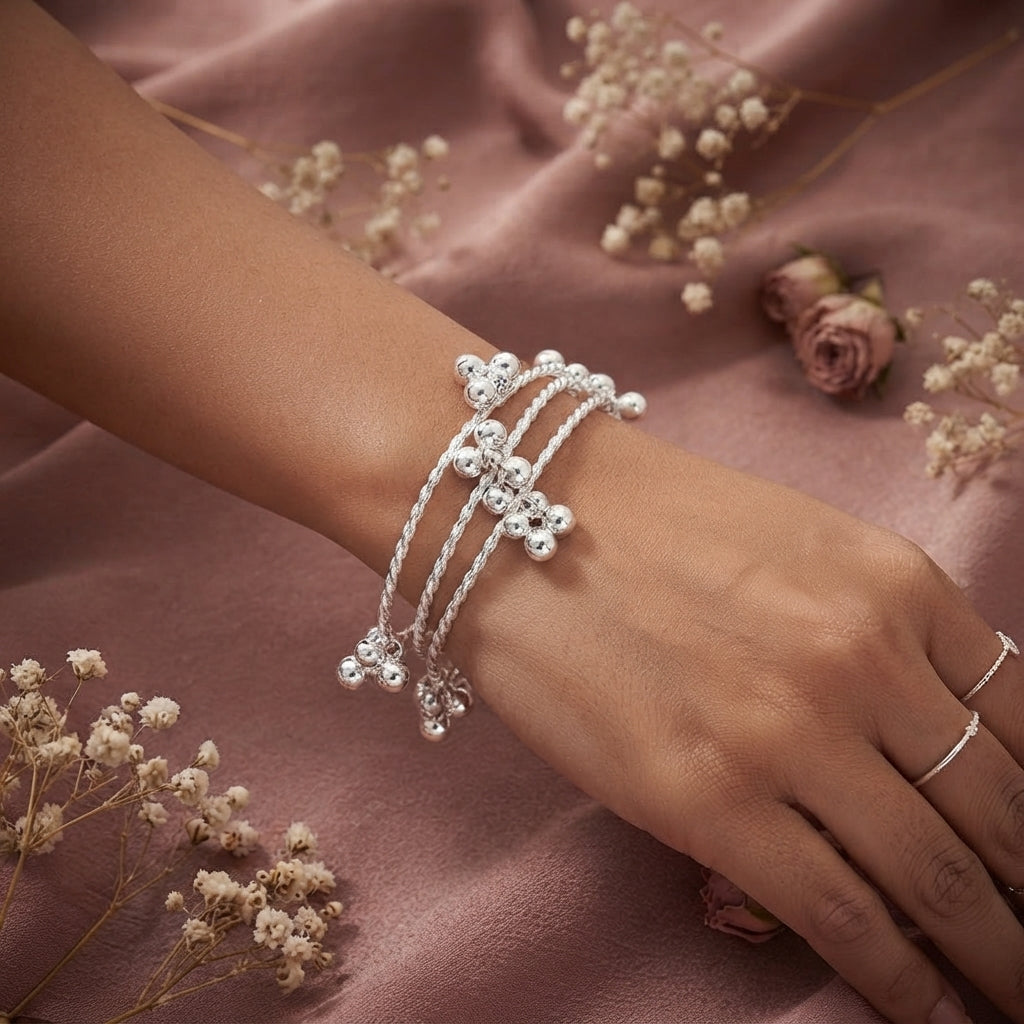 Silver Twisted Rope & Bead Cluster Bangle Set