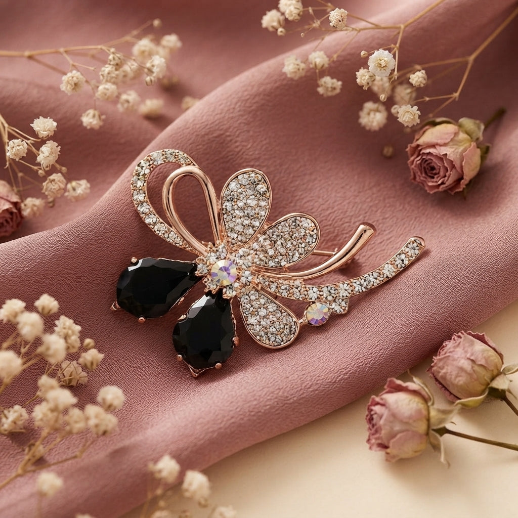 Gold & Black Crystal Butterfly Hair Pin with Iridescent Accent